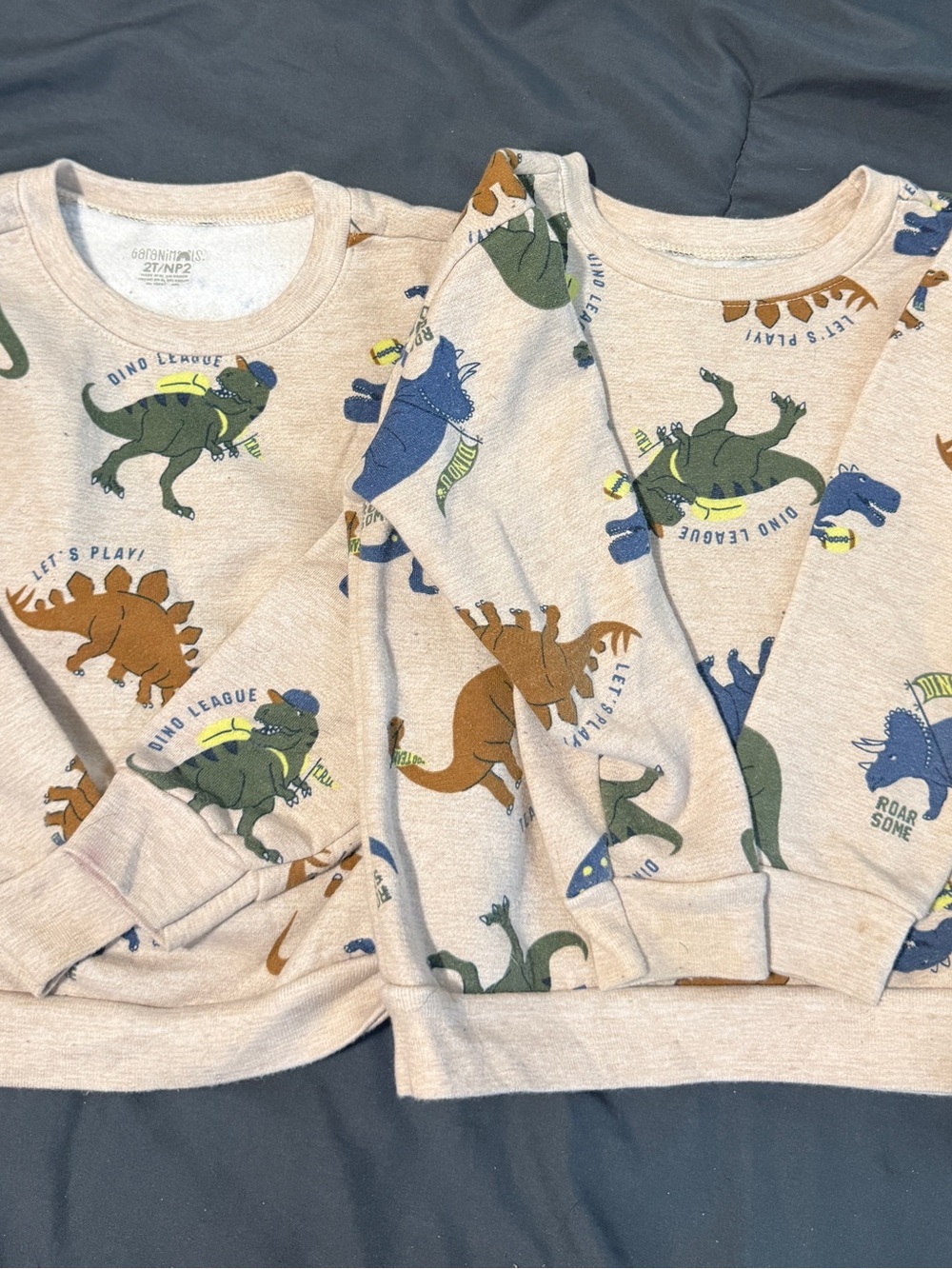 2 Garanimals Beige Long Sleeve Tee with Green Blue and Brown Dino Print